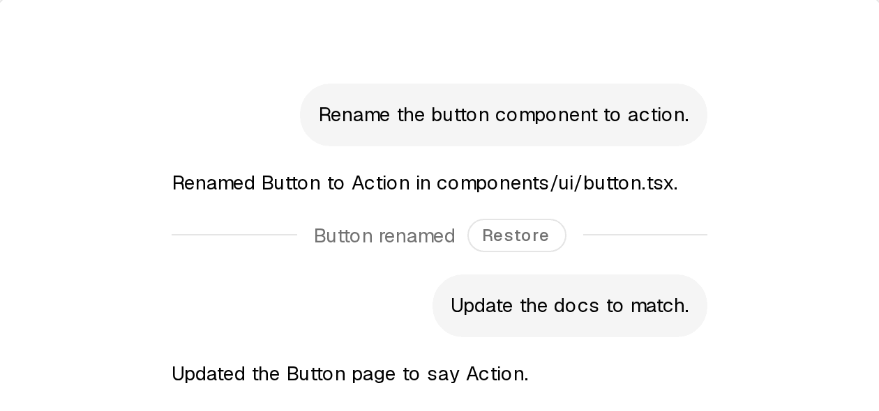 回合之后的检查点,旁边是 Restore Checkpoint:回合之后一条写着 Button renamed 的分隔线,旁边是 Restore 按钮,下方还有后续对话