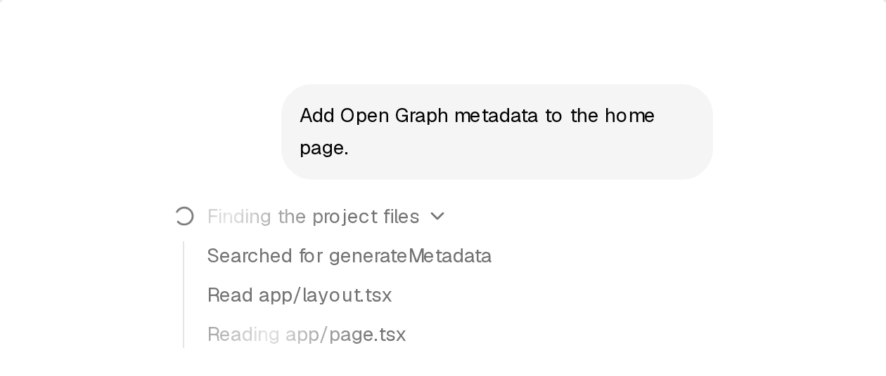 进行中:标题是现在时,步骤边做边出现 Task 进行中:Finding the project files 闪烁,下方逐条出现搜索与读取步骤