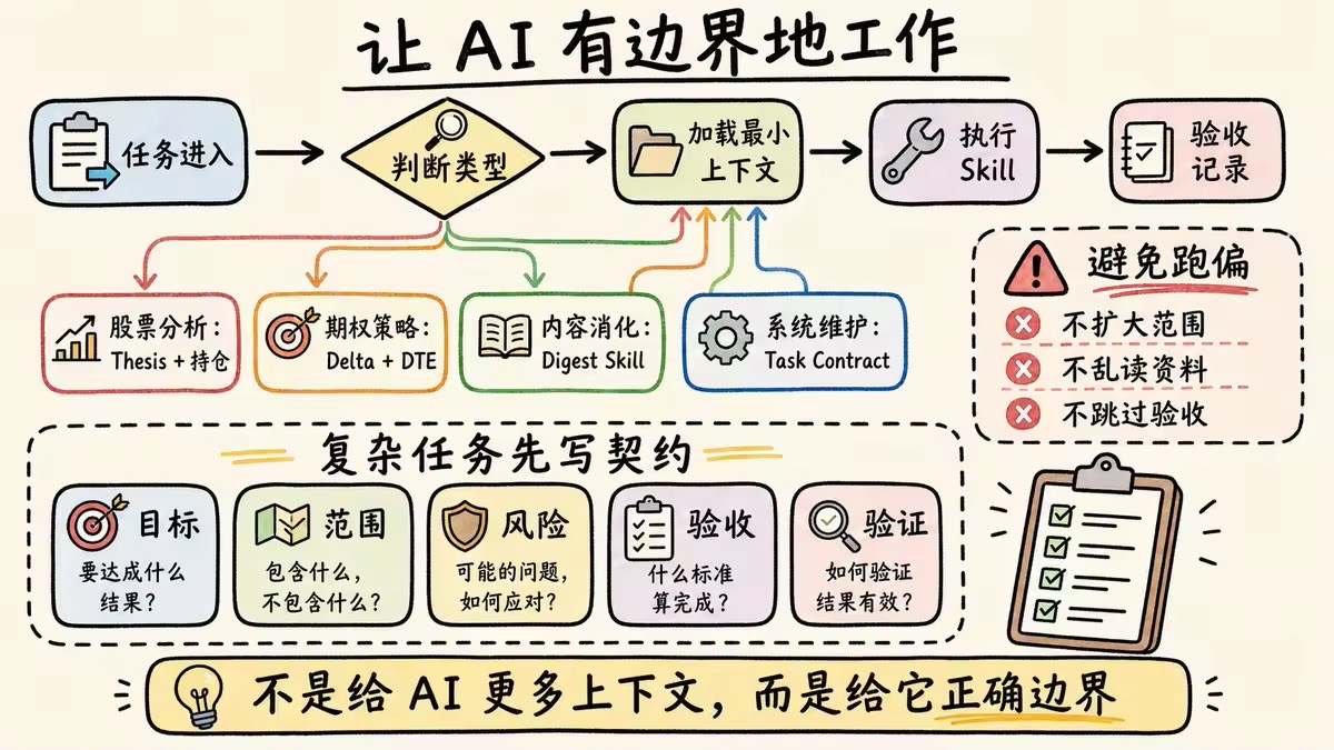 让 AI 有边界地工作：任务进入、判断类型、加载最小上下文、执行 Skill、验收记录