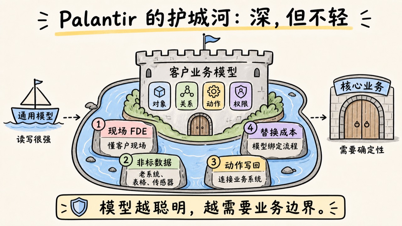 Palantir 护城河：现场 FDE、非标数据、动作写回、替换成本
