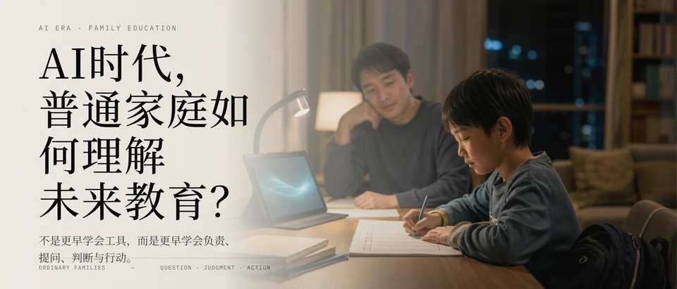 孩子在夜晚书桌前整理学习任务，家长在旁陪伴