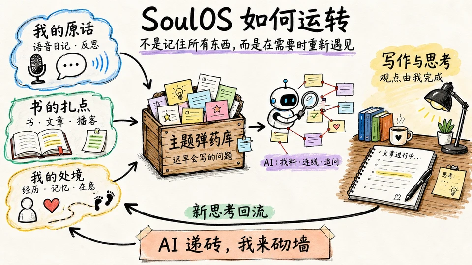 SoulOS 运转流程手绘图：语音日记、外部知识、个人处境三座矿汇入主题弹药库，经由 AI 找料、连线与追问进入写作，新思考再回流系统