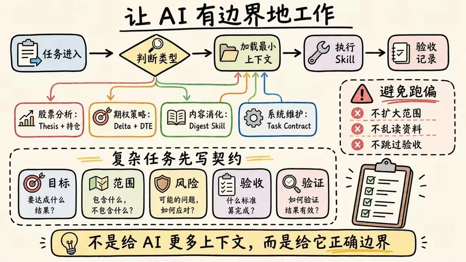 让 AI 有边界地工作：任务进入、判断类型、加载最小上下文、执行 Skill、验收记录