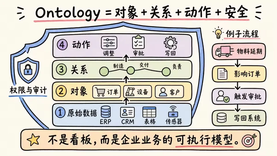 Palantir Ontology 的原始数据、对象、关系、动作、安全四层结构
