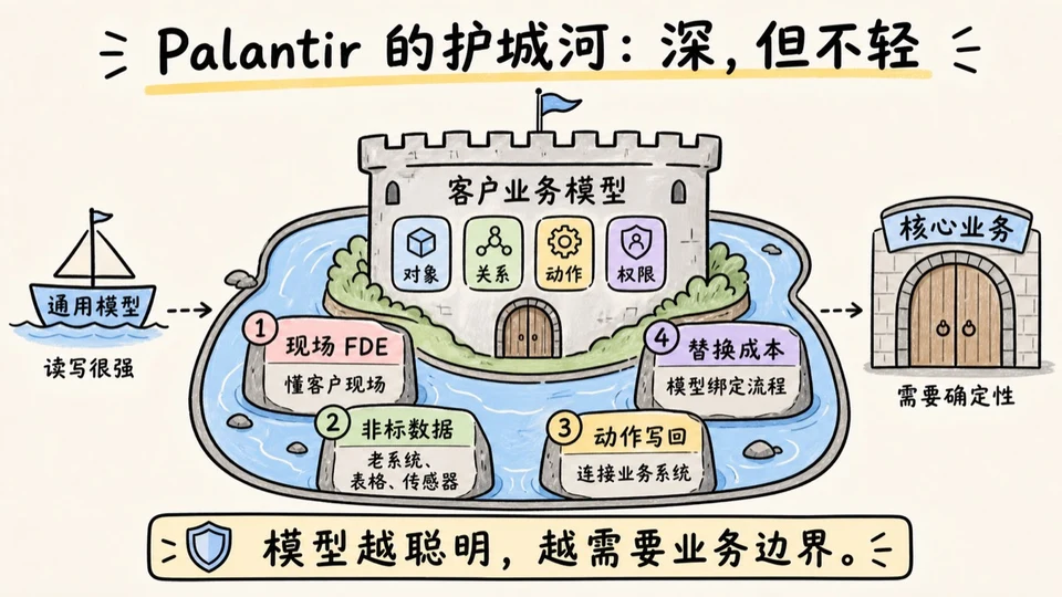 Palantir 护城河：现场 FDE、非标数据、动作写回、替换成本
