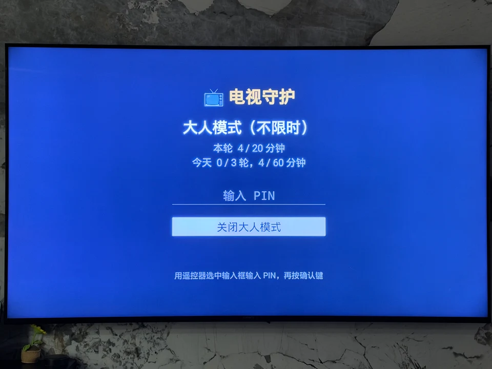 电视守护界面显示大人模式（不限时），可用 PIN 关闭大人模式