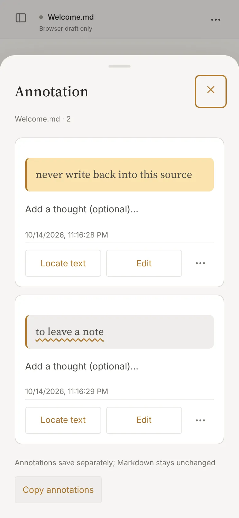Annotations drawer on a phone: notes are saved separately and never change the Markdown source
