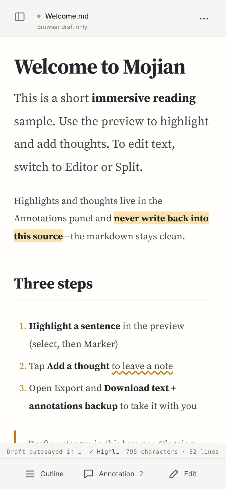 Reading on a phone: two highlights, with Outline, Annotations and Edit in the bottom bar