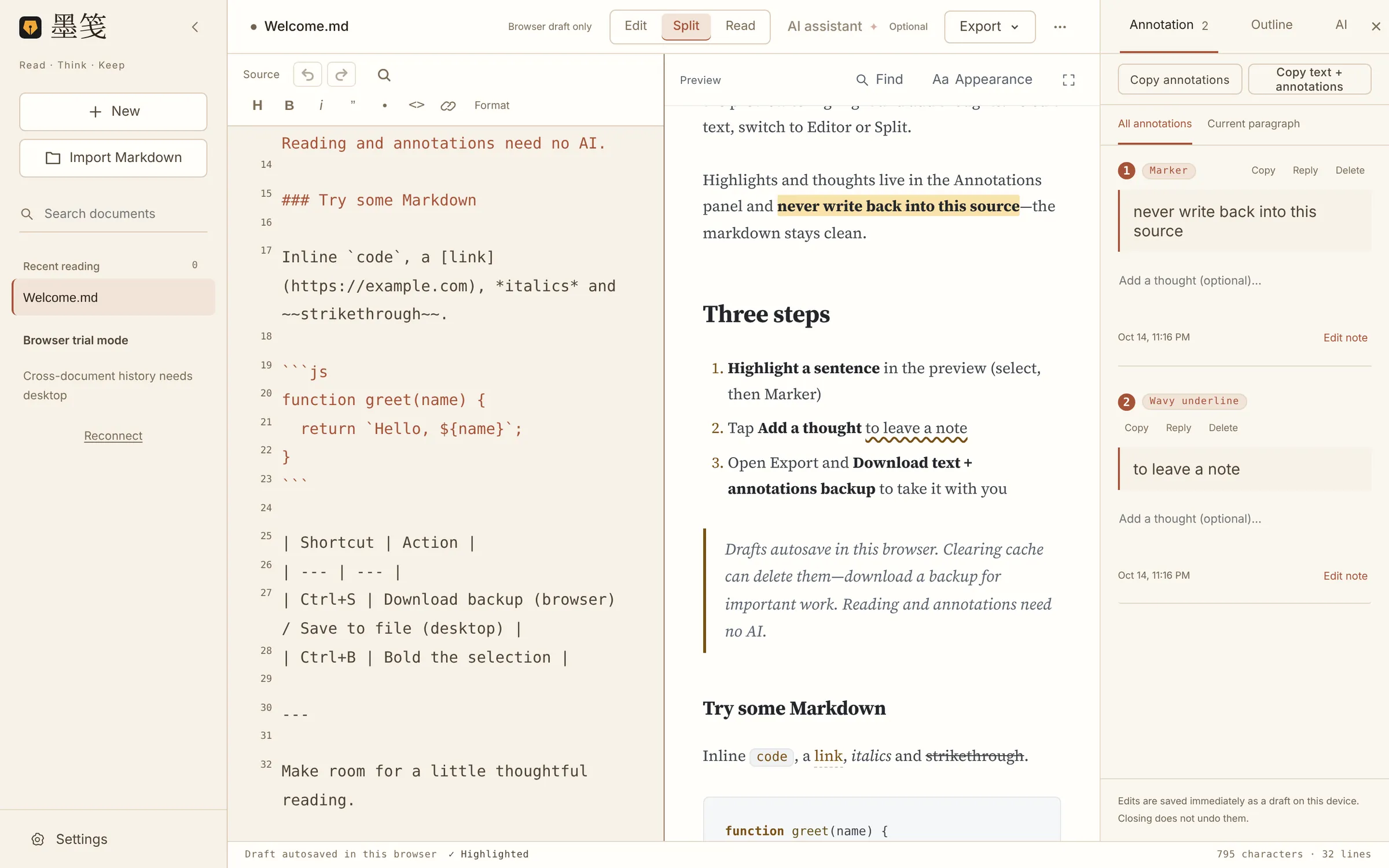 Split mode: Markdown source on the left, read-only preview in the middle, annotations on the right