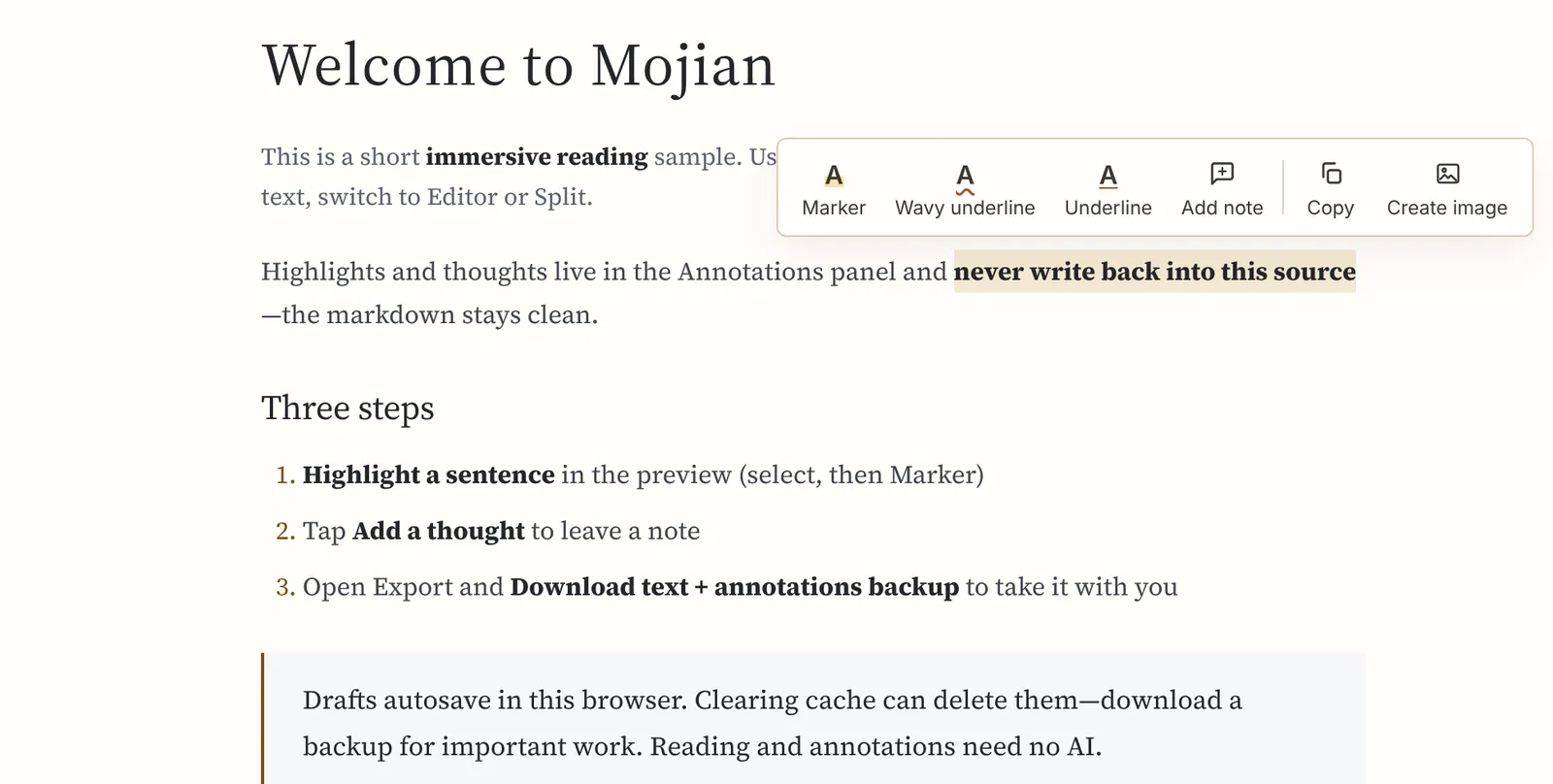 Toolbar that appears after selecting text: Marker, Wavy underline, Underline, Add note, Copy, Create image