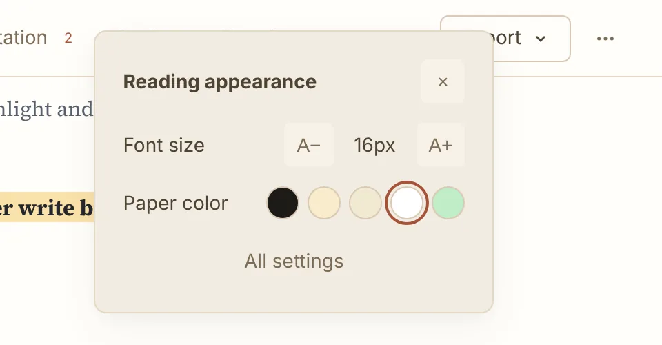 Reading appearance popover with font size and five paper colors